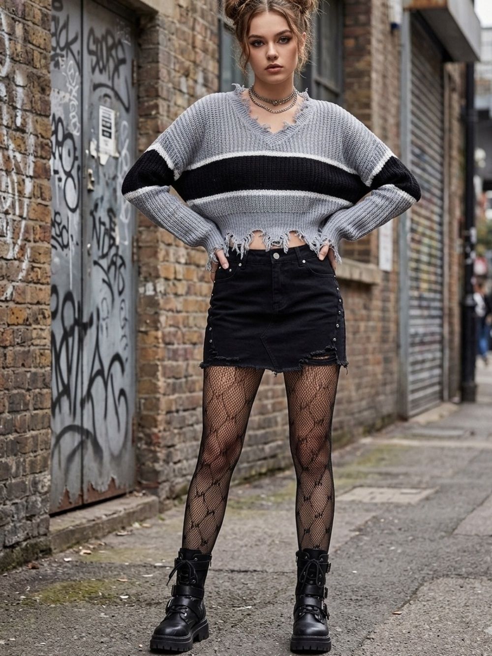 Distressed Gray Black Striped Cropped Knit Sweater Frayed Hem Punk Grunge Boho